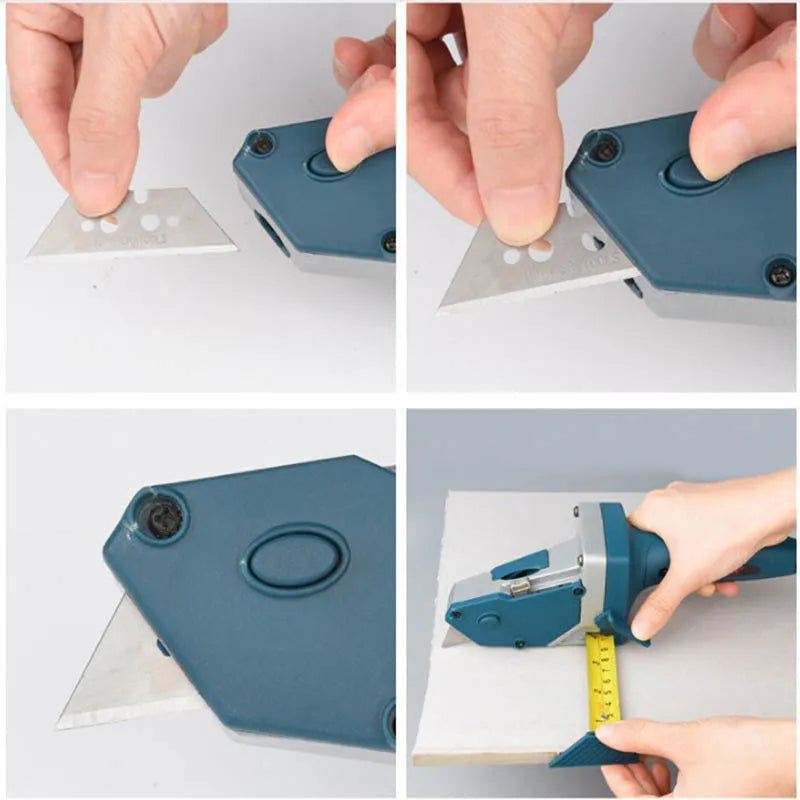 Blue multifunctional woodworking cutter with aluminium alloy and TPR plastic handle, one-press lock, and precise scale