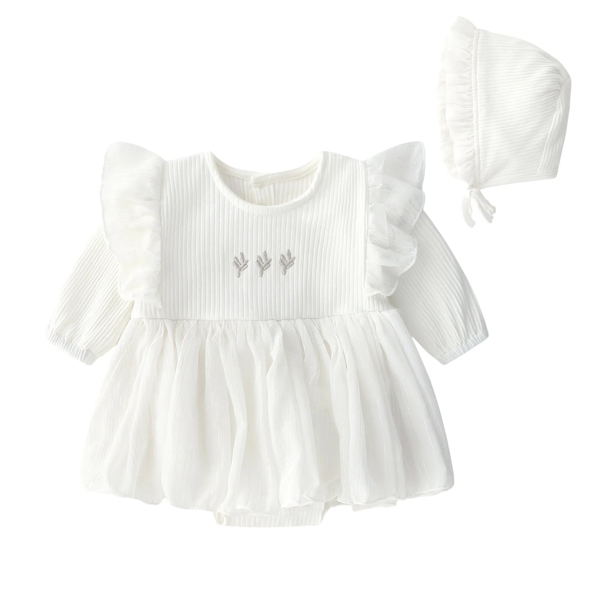 Baby girl in a soft pink cotton princess dress with a fluffy skirt, suitable for a first birthday party.