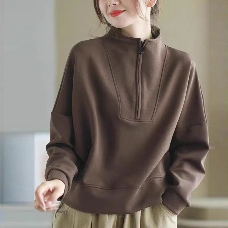 Plus size women's long sleeve short top in Dralon fabric, colour Brown, loose tunic cut, NORNS girl pattern