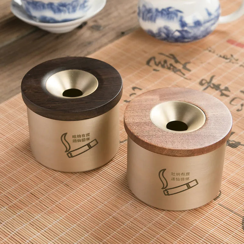Retro brass ashtray with wooden lid and centre hole, solid copper construction for indoor smoking