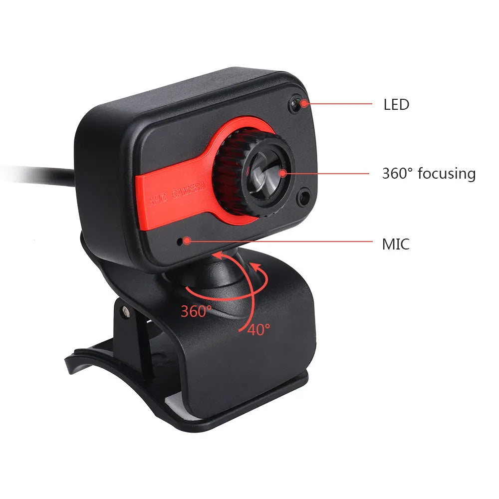 Mini driverless USB webcam with rotating lens in blue, red, or white colours.