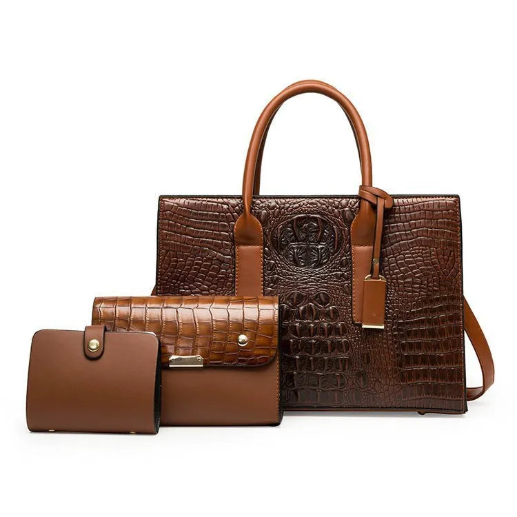 Women's three-piece PU handbag set with crocodile pattern in choice of four colours