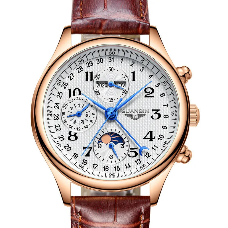 Men's mechanical perpetual calendar watch with moon phase display and luminous hands