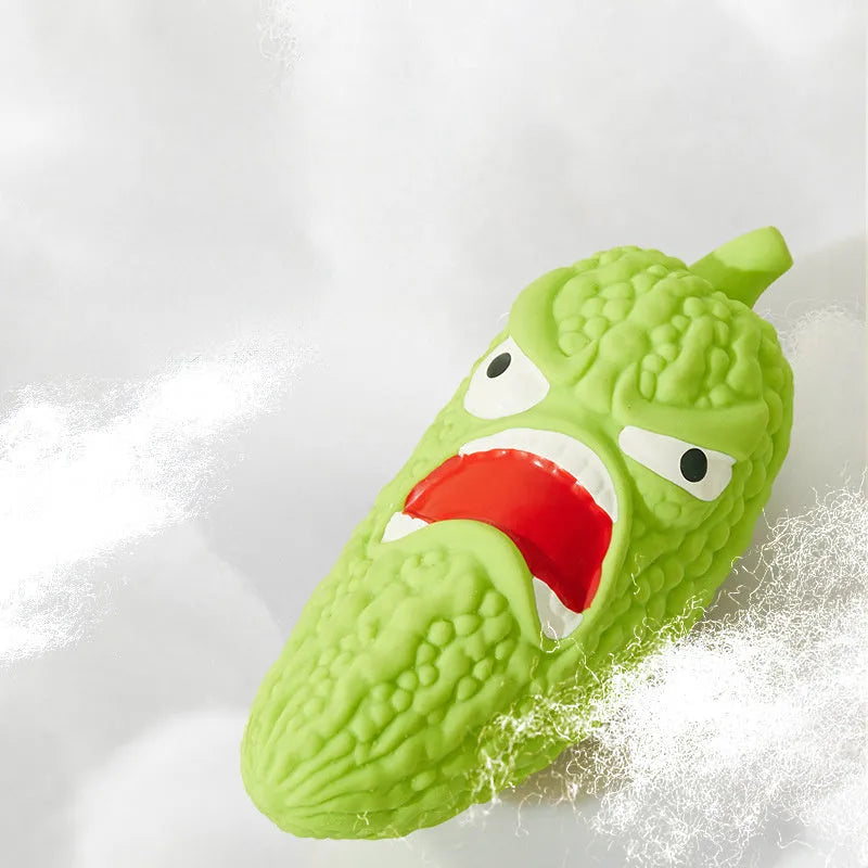 Bitter gourd and chilli shaped dog chew toys with textured surfaces for grinding teeth.