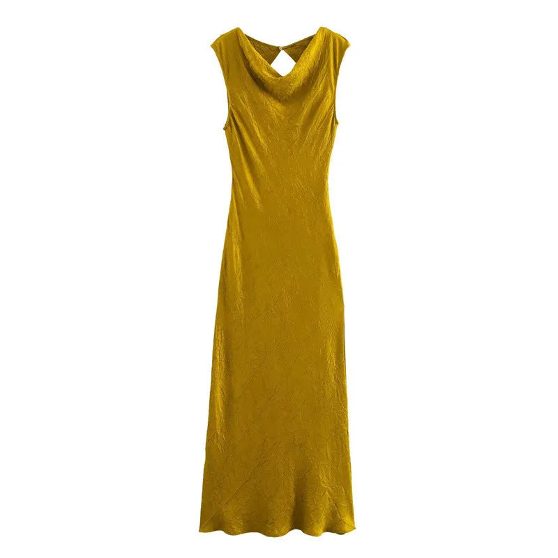 Women's sleeveless V-neck long dress in golden yellow with lace-up detail, polyester fabric, solid colour, street fashion style