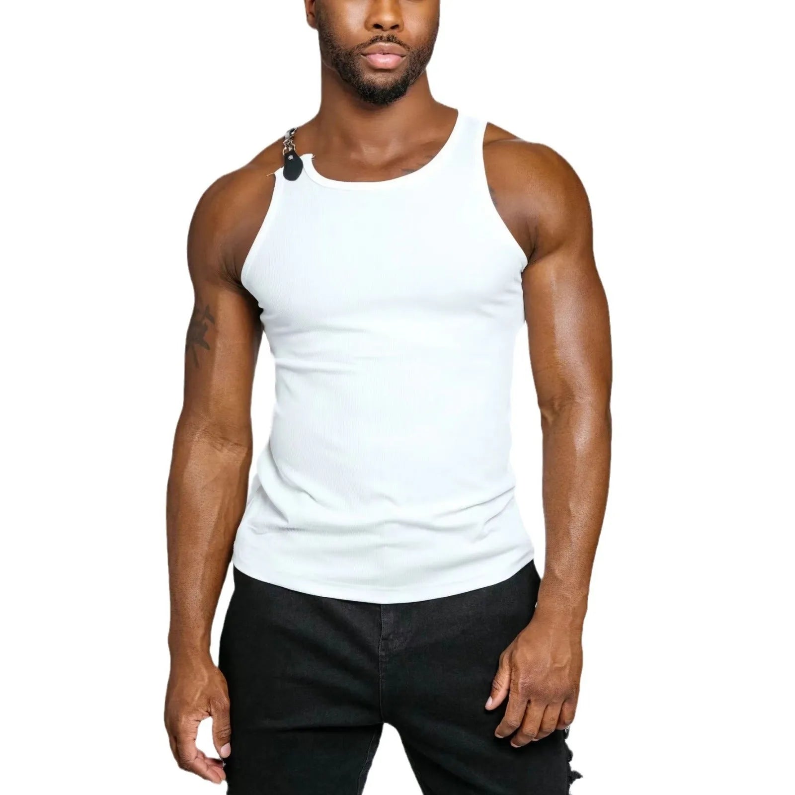 Sleeveless cotton blend vest in black and white colours showing tight-fitting design