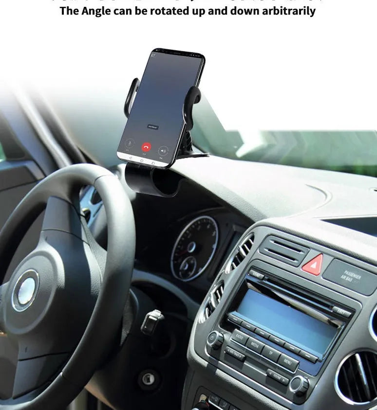 Black grey ABS plastic car pull clip phone holder with direct view, 360-degree rotation and 60-degree tilt
