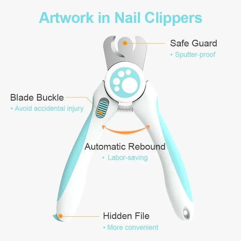 Blue and white pet nail clippers with safety guard for dogs and cats
