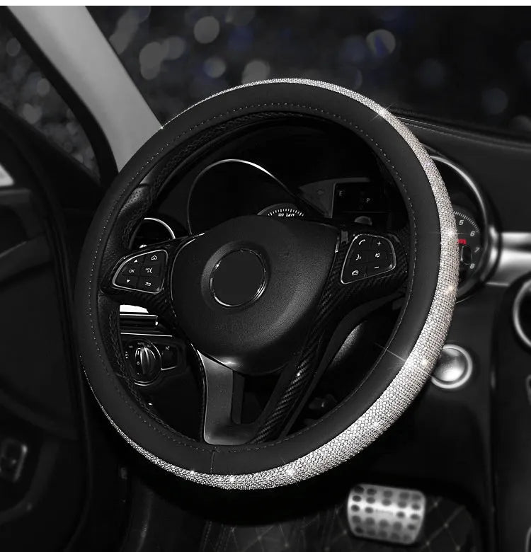 Rhinestone non-slip leather steering wheel cover for general motors 38cm diameter black with gold ring option
