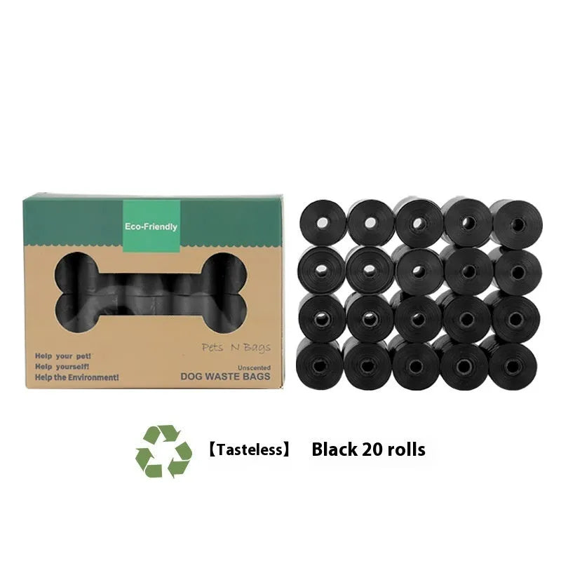 Green roll of EPI degradable thickened pet poop bags next to a green dispenser unit on a white background.