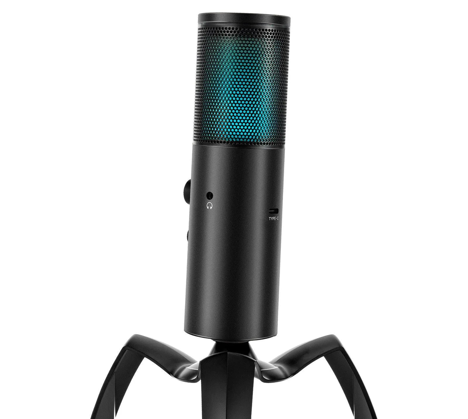 Black Q18 bidirectional condenser microphone with RGB lighting on adjustable tripod stand