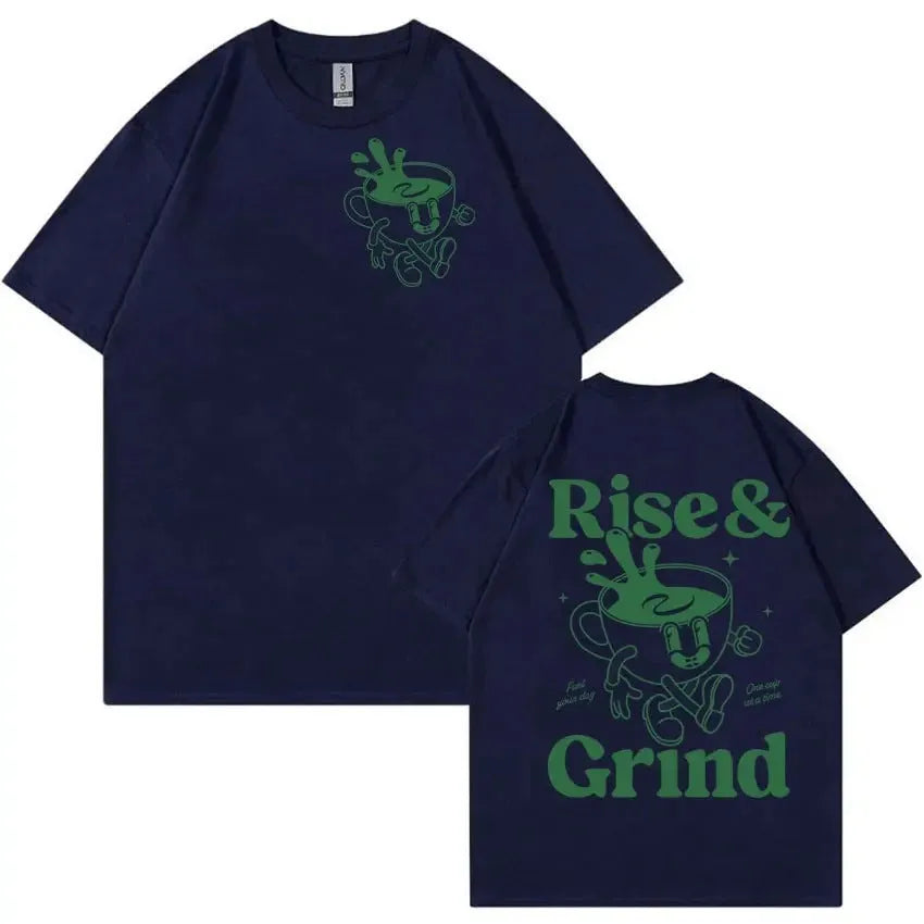 A loose-fit linen T-shirt with a Rise And Grind Green Coffee cartoon print, shown in one of ten available colours.