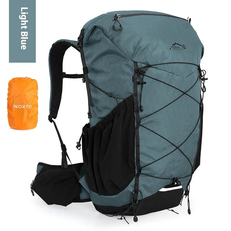 Large capacity waterproof mountaineering backpack with internal frame in black for camping and hiking