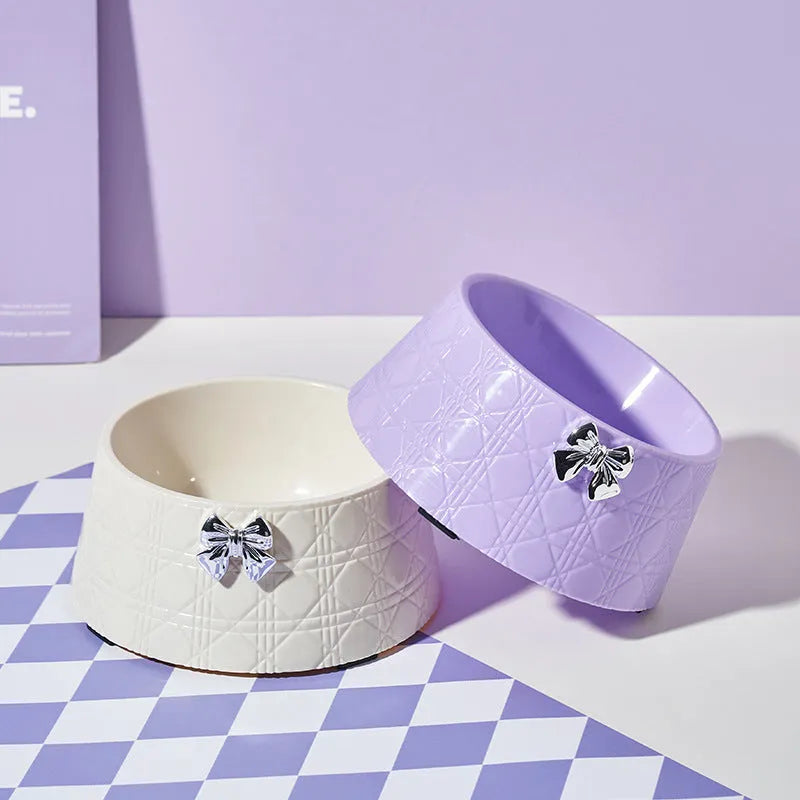 Bowknot pet feeding bowl with diamond pattern in multiple colour options