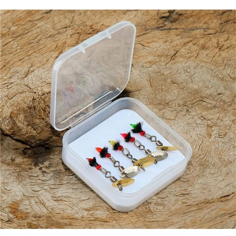Five bionic mosquito fishing hooks with spinning sequins in multicoloured poisonous patterns