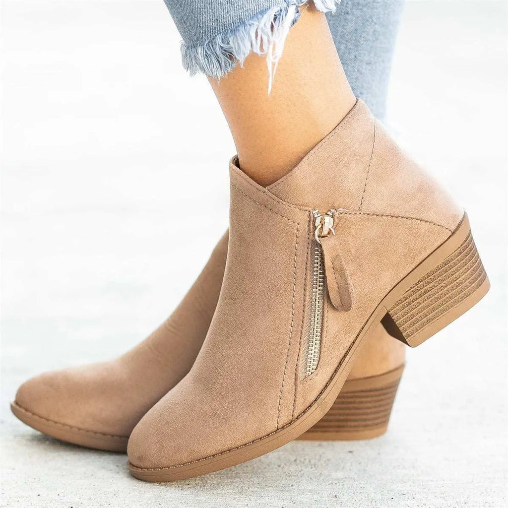 Women's blue suede ankle boots with a side zip and chunky heel, Dr. Martens style