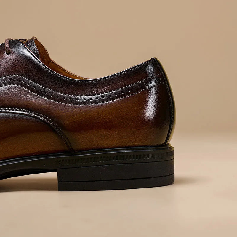 Men's leather Oxford brogue shoes in black and dark brown with round toe and rubber sole