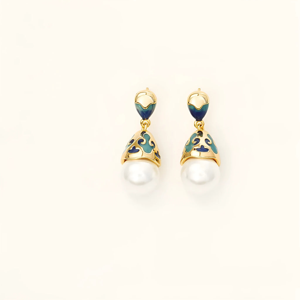 Enamel pearl stud earrings with real gold plating, geometric round design, Chinese style, on copper base