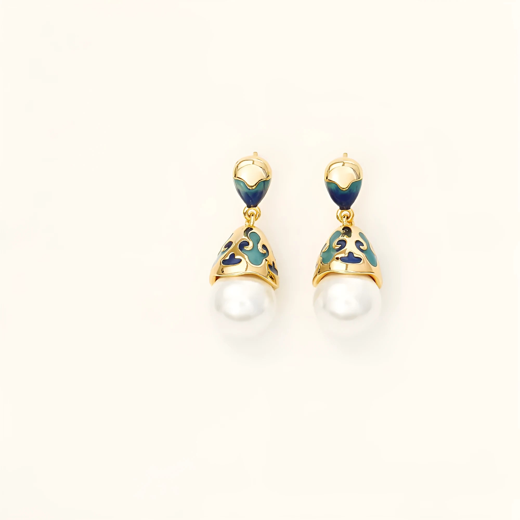 Enamel pearl stud earrings with real gold plating, geometric round design, Chinese style, on copper base