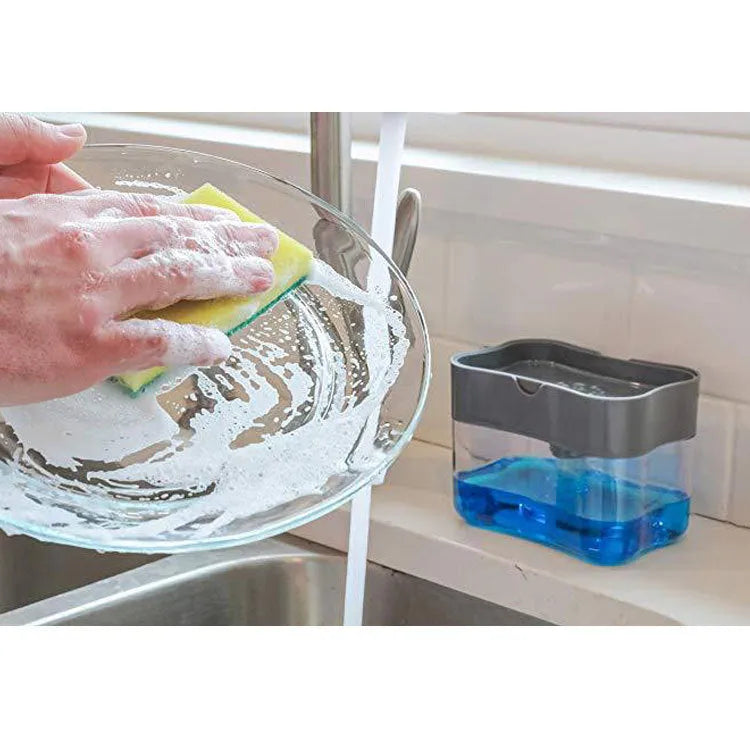 Plastic kitchen soap dispenser in silver colour on a countertop