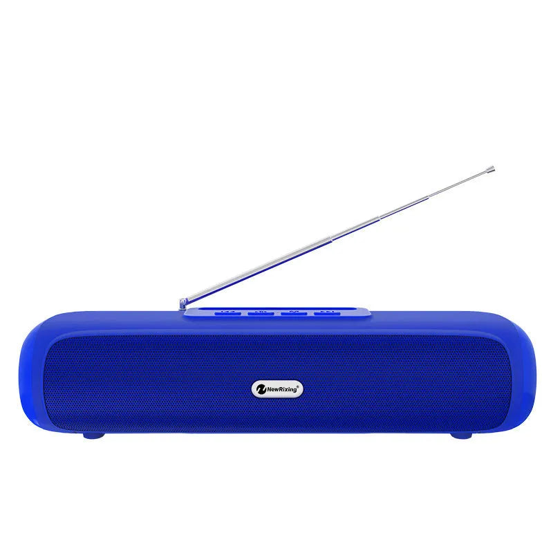 Desktop wireless long strip subwoofer speaker in black, blue, red, or silver grey colour.