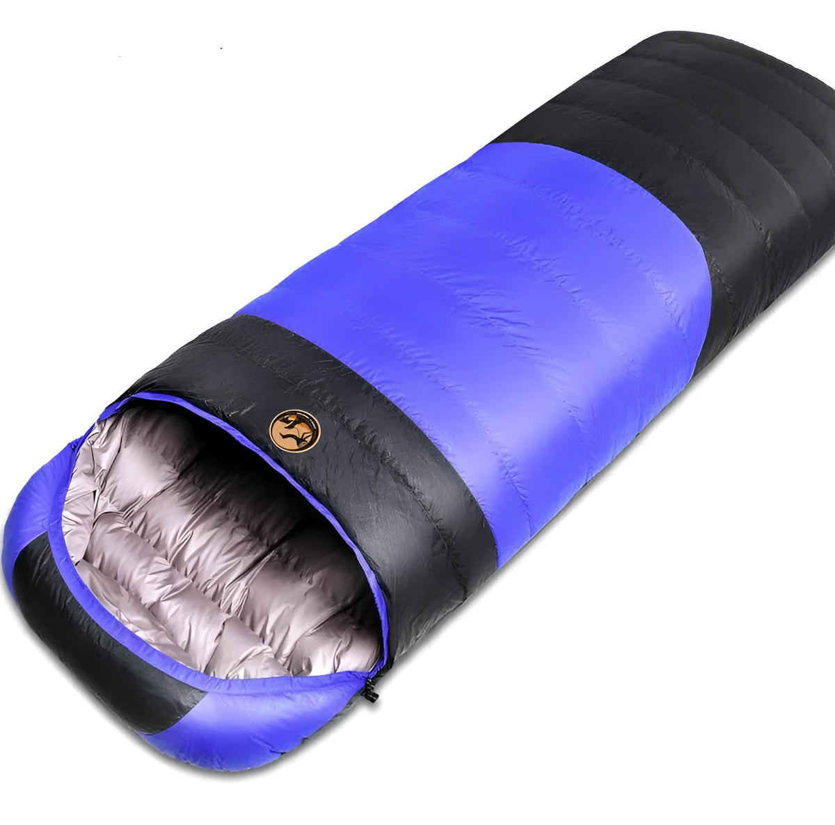 Down sleeping bag envelope style in blue with cotton lining and Chun Yafang fabric, 800g fill weight option