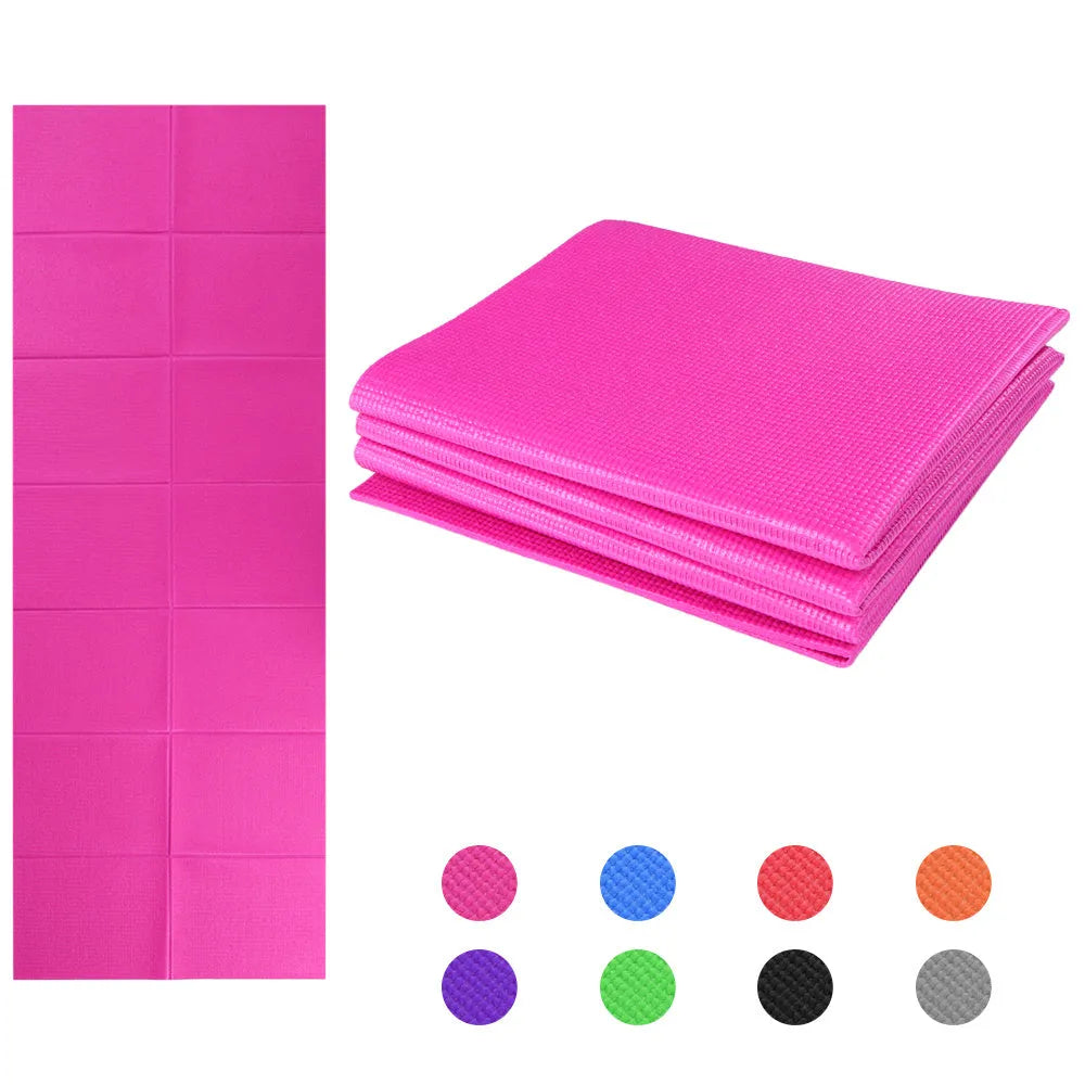 Folding non-slip PVC yoga mat in blue with handles, 173x61x0.4cm