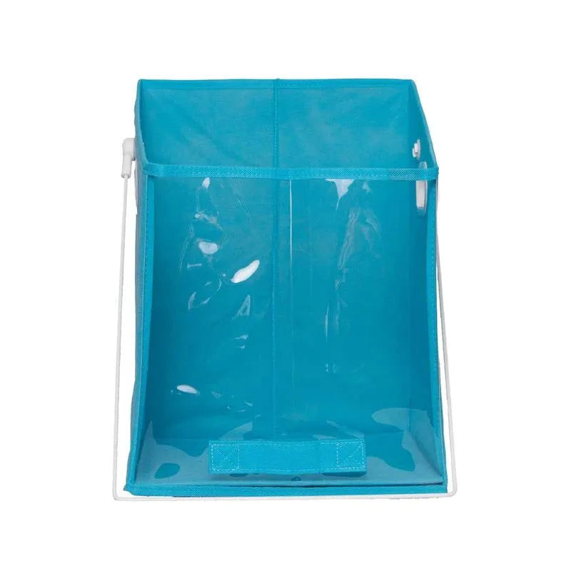 Folding detachable padded storage basket in blue with clear front panel on a wire shelf