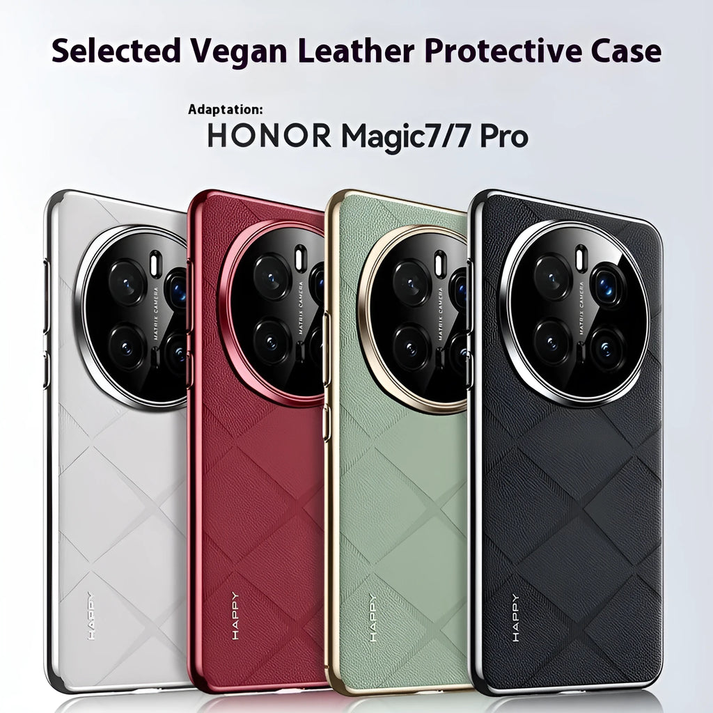 Electroplated plain leather phone case in black for Honor Glory 300 showing all-inclusive drop-resistant design
