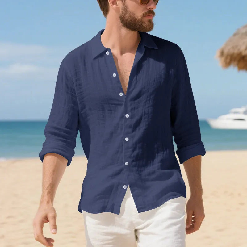 Men's loose fit linen casual shirt in light blue colour, showing non-ironing style.