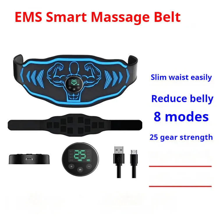 Blue and orange rechargeable EMS smart massage belt with timer and arm stickers.