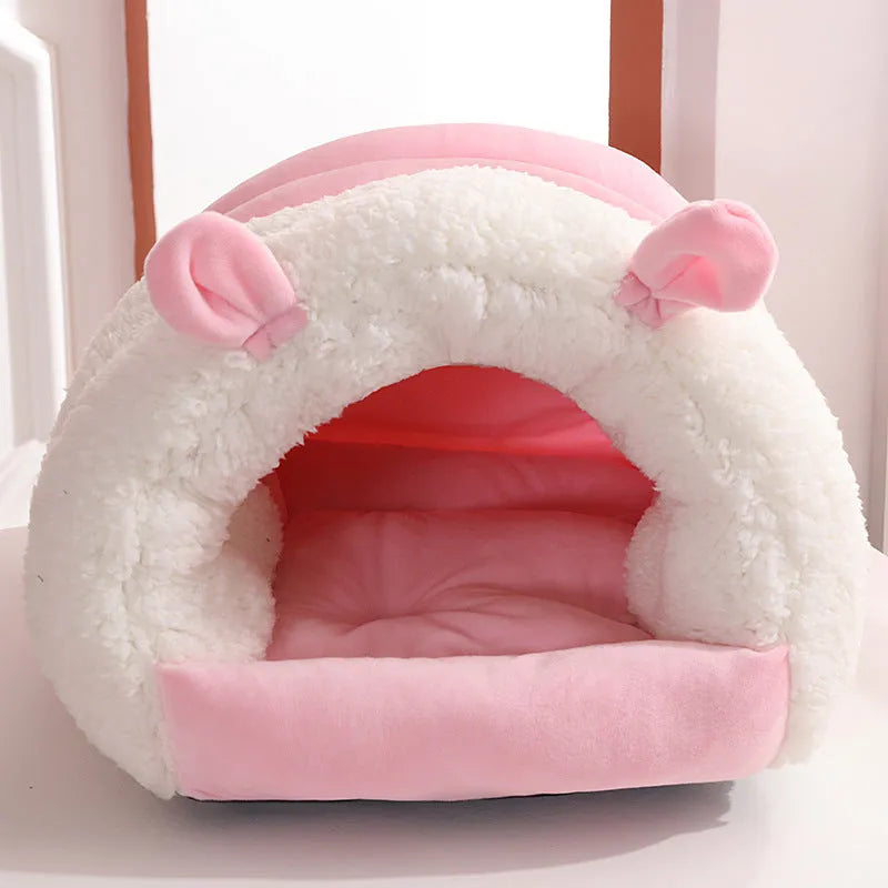 Closed cat nest with tunnel entrance in blue colour with removable washable cover