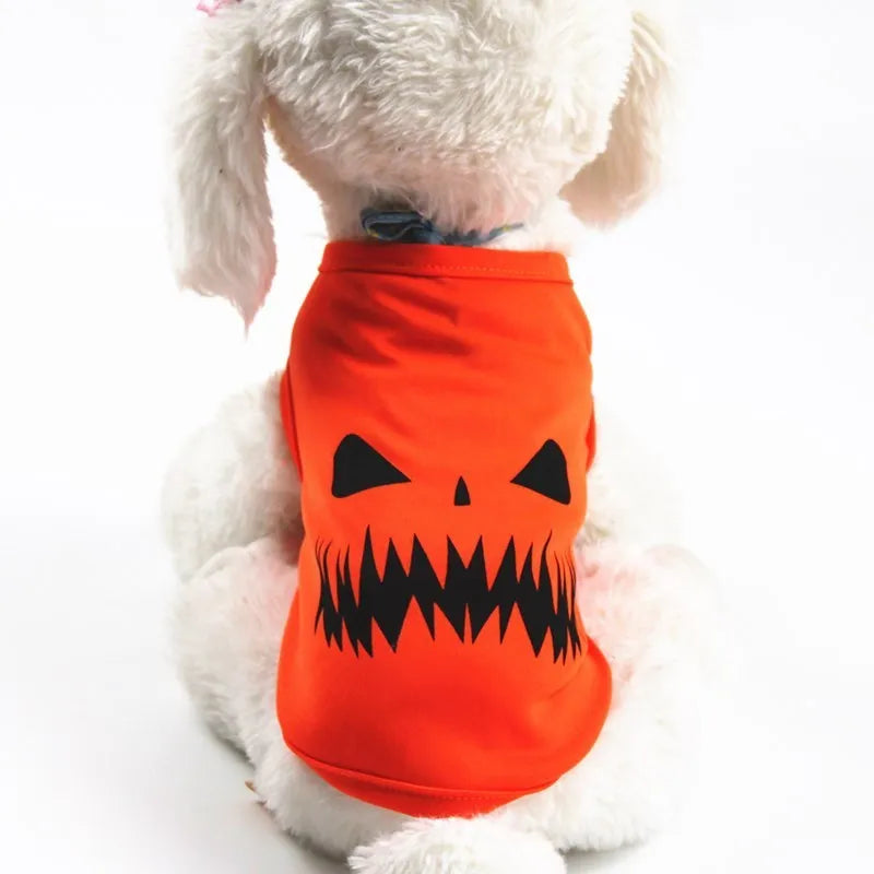 Orange Halloween pet pumpkin costume shirt for cats and small dogs with Grimace style pattern