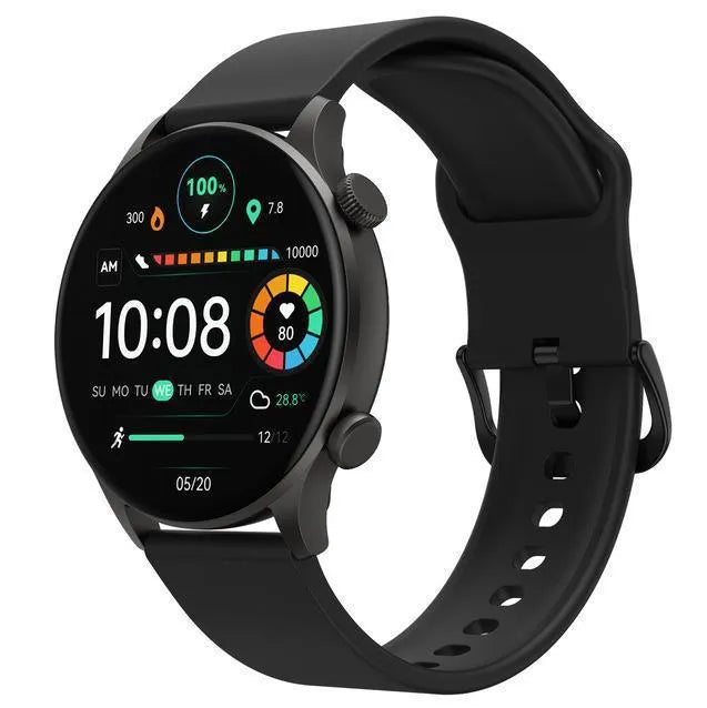 Haylou smartwatch with AMOLED display showing health stats, in black or white, featuring Bluetooth call.