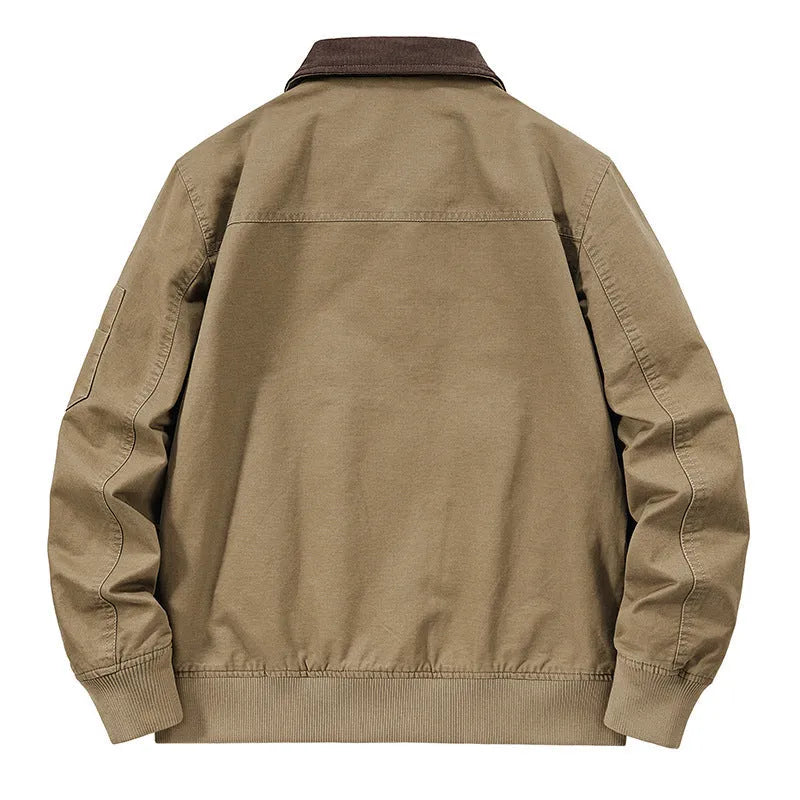 Men's plus size washed cotton baseball flight jacket in army green on a hanger.