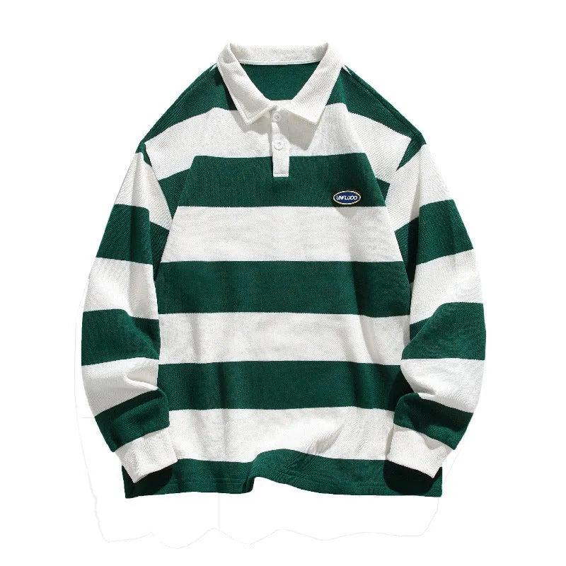 Striped Hong Kong style lapel polo shirt in pearl cotton knit with loose fit long sleeves