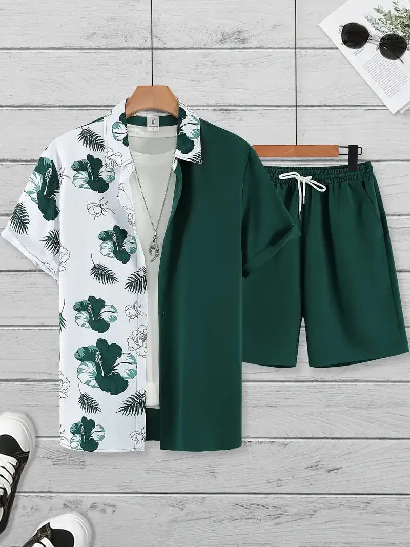 Men's 3D printed Hawaiian style short sleeve shirt and shorts set in polyester fabric.