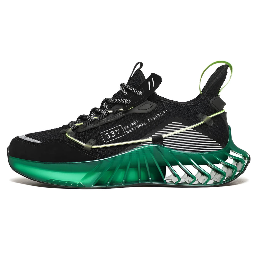 Luminous men's casual running shoes in black green with flying fabric upper and flat heel