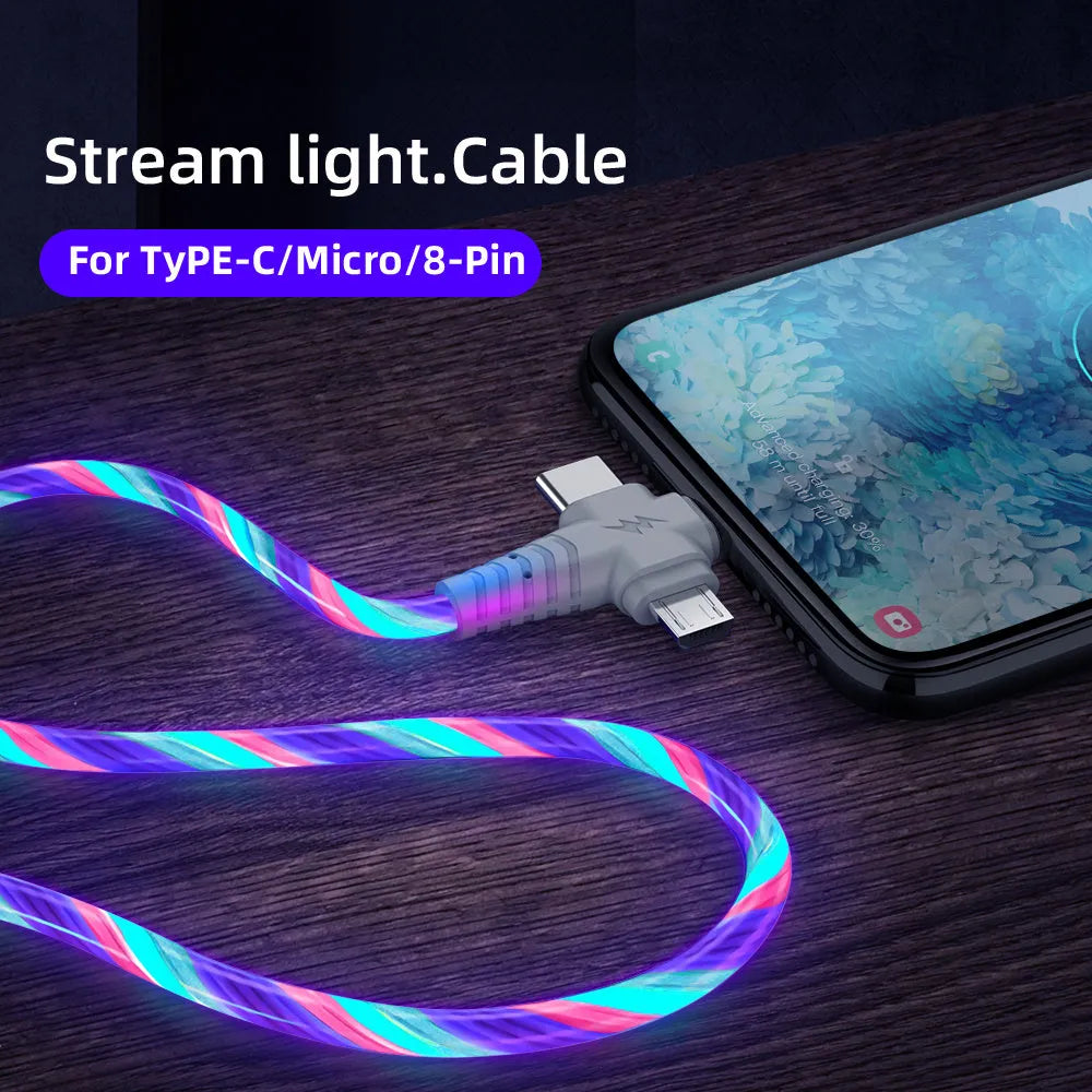 Three-in-one fast charging cable with luminous alloy connectors showing Type-C and Micro USB ends