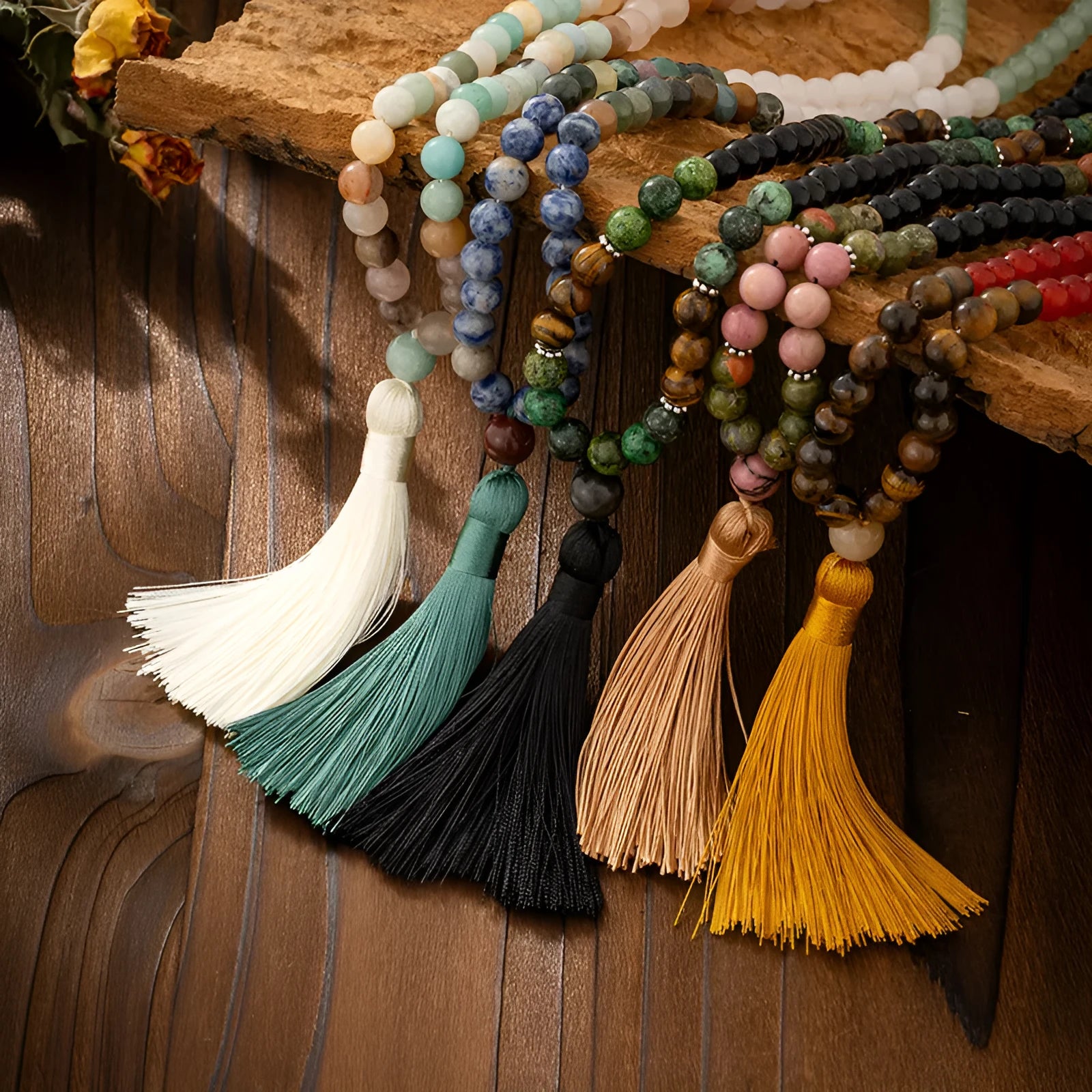 Vintage bohemian style long necklace and bracelet set with natural stone beads on an electroplated chain.