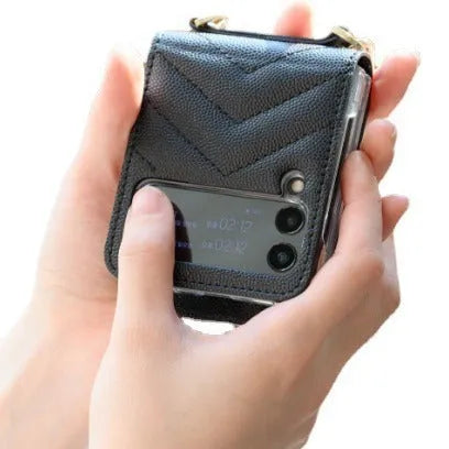 PU leather crossbody wallet phone case for Samsung Z Flip showing detachable strap and card slot
