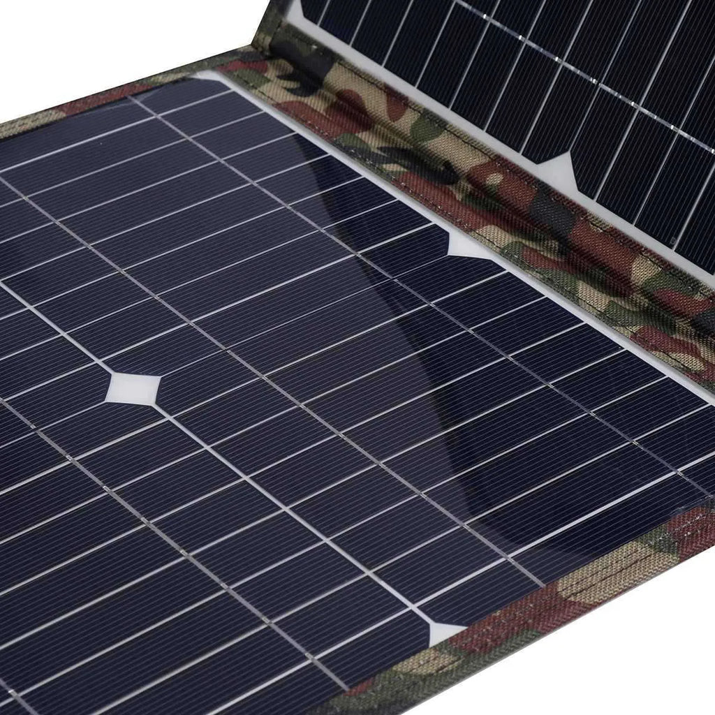 Black foldable solar panel measuring 87cm by 28.5cm with car charger and USB accessories