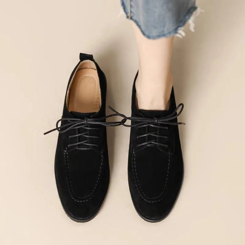 Women's retro suede lace-up deep mouth pumps with square toe and mid heel in black