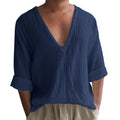 Men's long sleeve V-neck T-shirt in washed cotton and linen blend, shown in a solid colour.