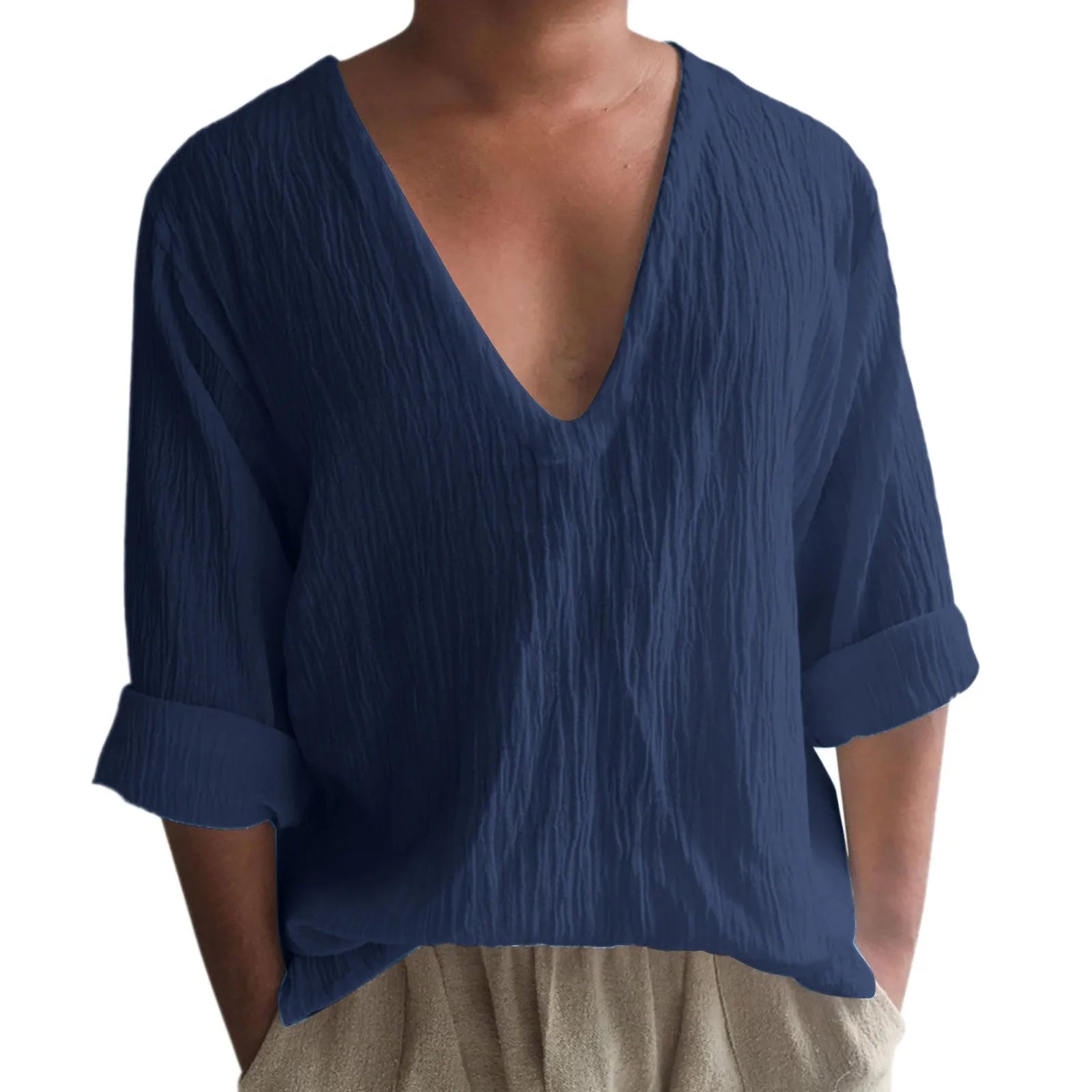 Men's long sleeve V-neck T-shirt in washed cotton and linen blend, shown in a solid colour.