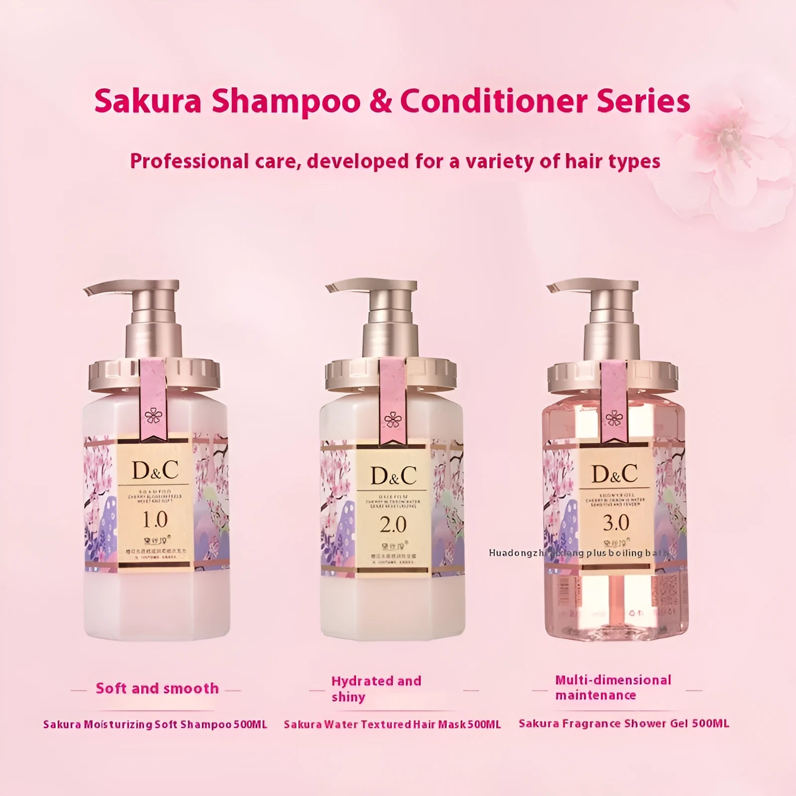 Sakura Blossom shampoo, hair mask, and shower gel set with three 500ml bottles.