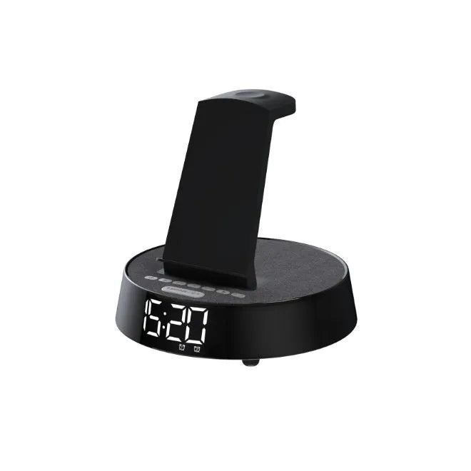 Wireless Bluetooth speaker clock alarm clock with wireless charger in beige, black, or light gray for home use