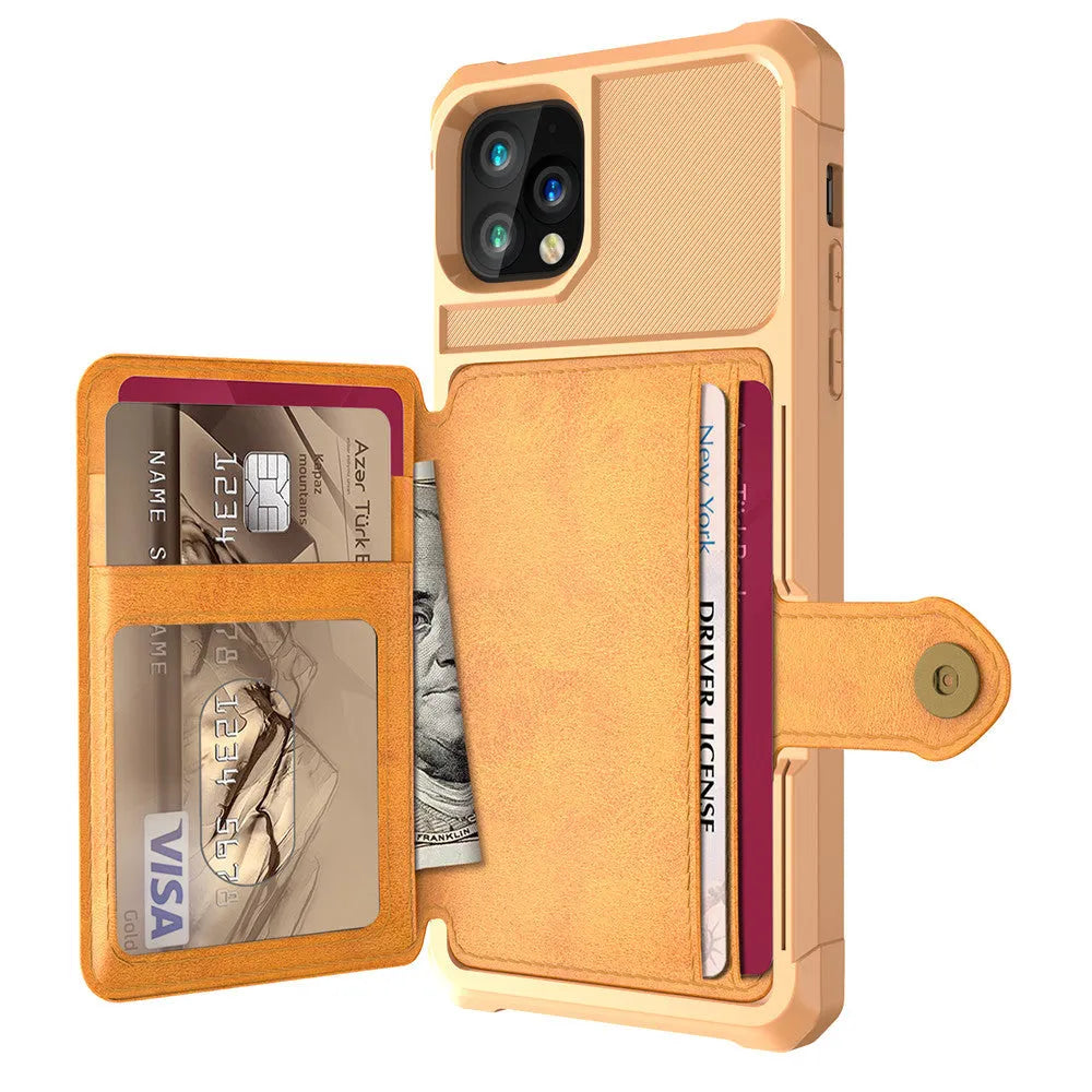 Imitation leather iPhone case with card wallet compartment in black blue green pink red colours