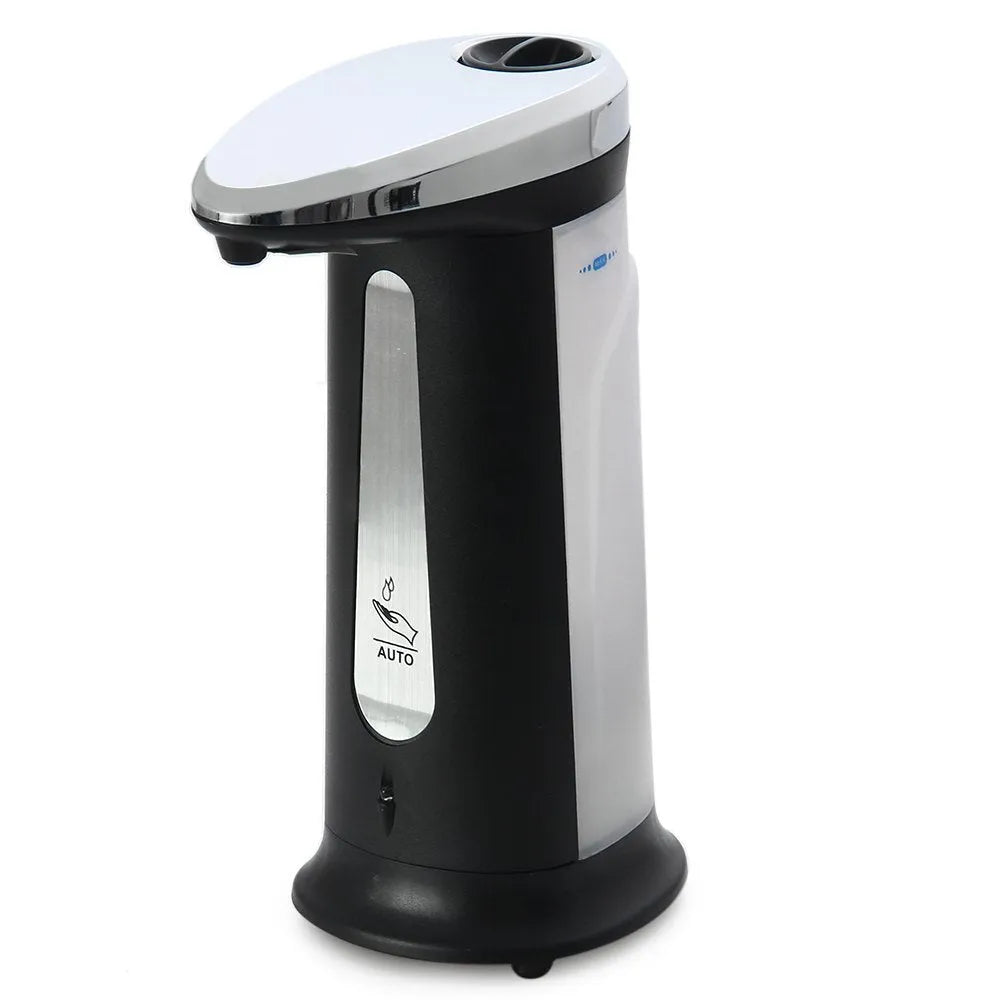 Black automatic touchless soap dispenser with infrared sensor, 400ml capacity, on a bathroom countertop