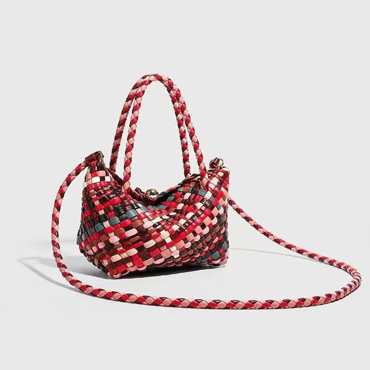 Women's colour woven PU leather shoulder bag showing handmade texture and 18x11x14 cm dimensions